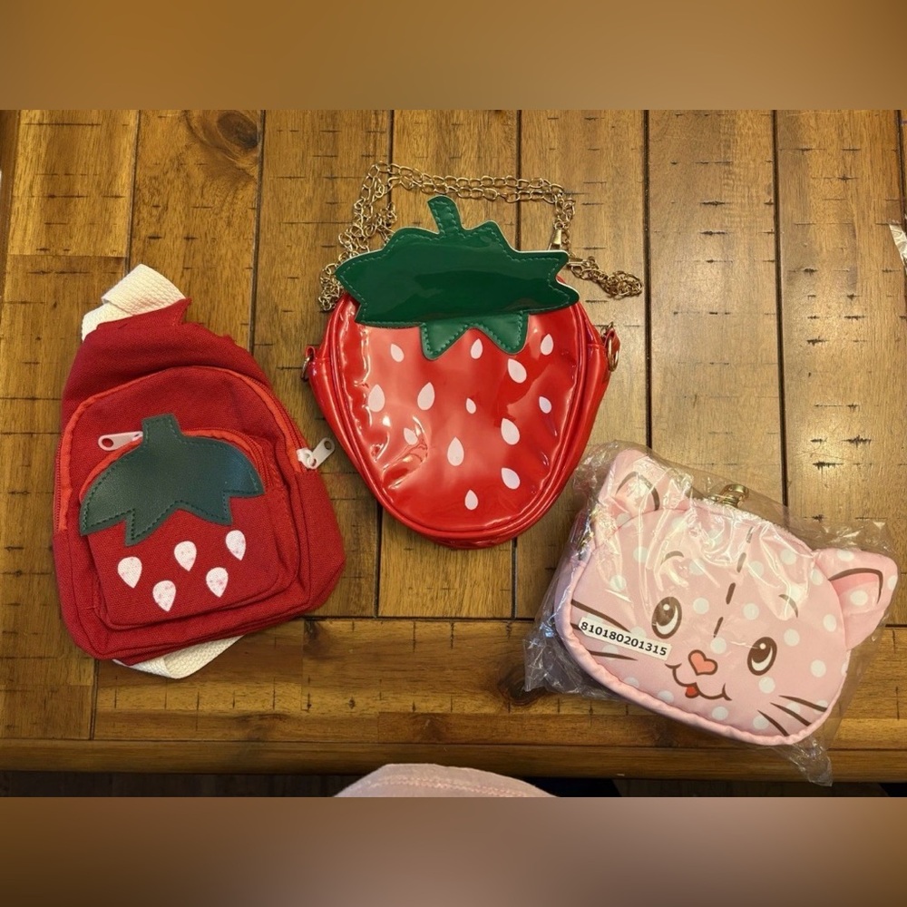 Strawberry and Cat Kids Bag Set - Red, Green, Pink